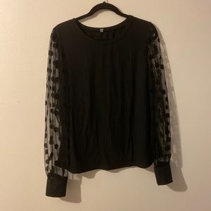 BLACK RIBBED TORSO SHEER POLKA DOT LONG SLEEVE BLOUSE RIBBED CUFFS